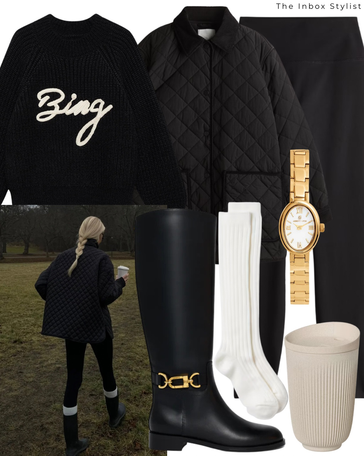 A rainy day in the countryside. 

Including quilted jacket, knit slogan jumper, leggings, riding boots, gold chain watch, knee high socks, coffee cup. 

#LTKstyletip #LTKshoes #LTKautumn