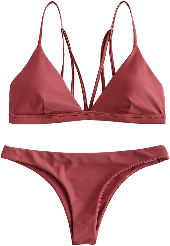 ZAFUL Women Strappy Back Bikini Set Bralette Low Rise Swimsuit | Amazon (US)