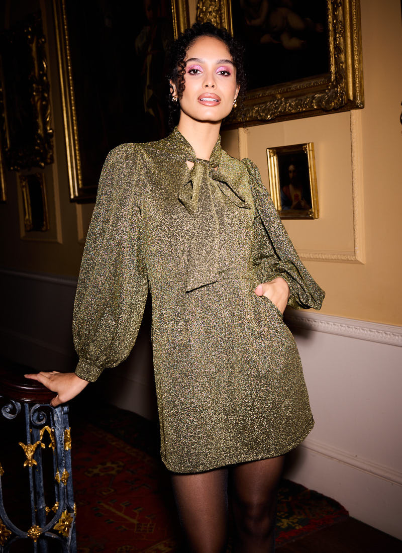 Nolly Gold Lurex Pussy Bow Mini Dress | Joanie