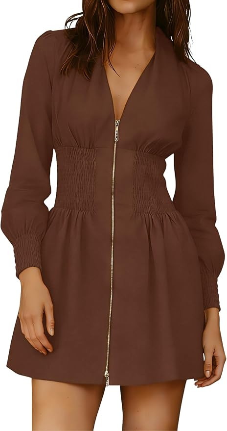 Womens Long Sleeve Mini Dress V Neck Smocked Zipper Dress Casual A Line Short Dress with Pockets | Amazon (US)
