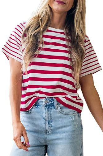 Chic Red Stripe Patchwork T-Shirt for Women – Perfect for Summer Outings, L | Amazon (US)