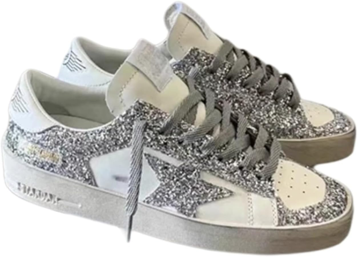 Women's Glitter Silver Star Sneakers Sparkly Platform Shoes White Fashion Sneakers Casual Walking... | Amazon (US)