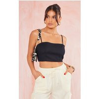 Black Linen Look Strappy Crop Top | PrettyLittleThing CAN