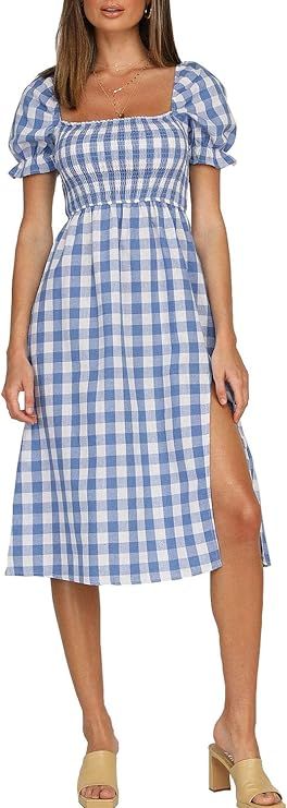 Lovinchic Women's Summer Puff Sleeves Split Midi Dress Casual Plaid Square Neck Long Dress | Amazon (US)