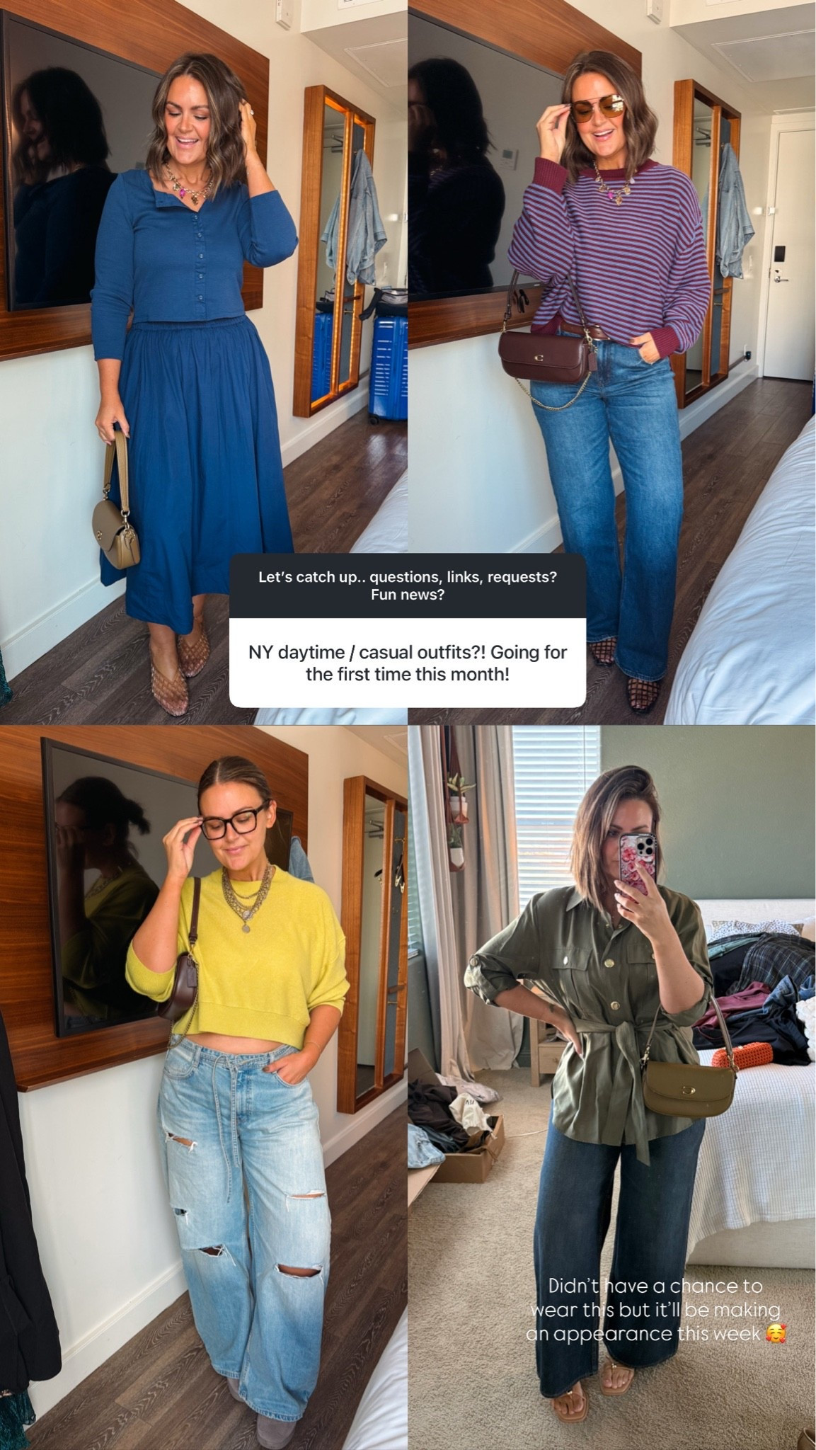 Elevated casual outfits for fall
Blue set, large
Striped sweater, large (need medium)
Upper right jeans, 12L (I’m 5’8)
Chartreuse sweater, small (the thumbnail image linked shows it in navy - it’s cashmere and $$ but I linked alternatives)
Distressed denim, 12
Army green top, large
Bottom right denim, 31R

Size 12, midsize, casual style, street style, elevated basics @American Eagle Outfitters @abercrombie @Zara