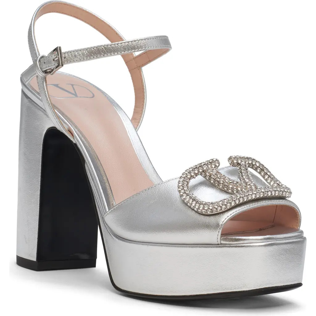 Valentino Garavani VLOGO Signature Metallic Platform Sandal in Silver at Nordstrom, Size 5.5Us | Nordstrom