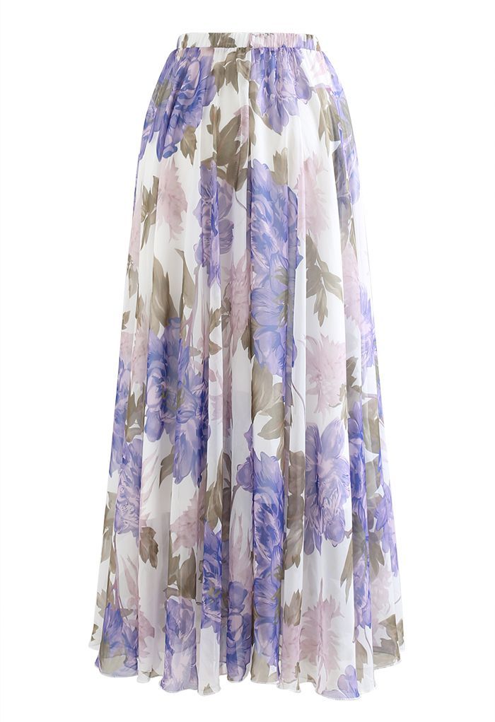 Vibrant Flower Print Chiffon Maxi Skirt in Purple | Chicwish