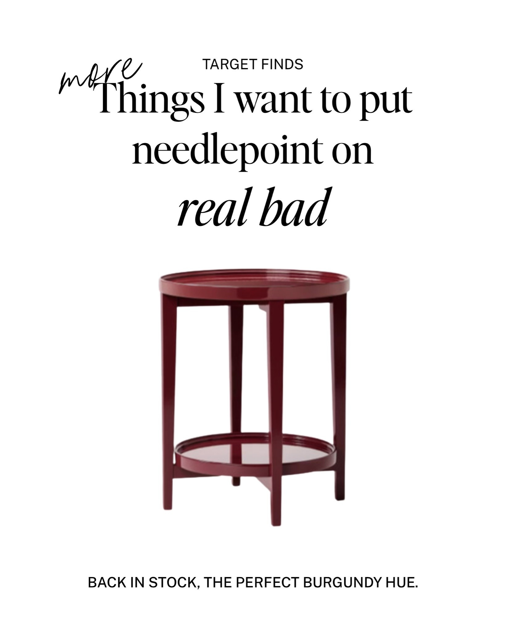 Back in stock: this burgundy table from Target is so good in real life. 

BONUS: it has a tray style top you could add needlepoint to. Perfection!

#LTKSeasonal #LTKOver40 #LTKHome