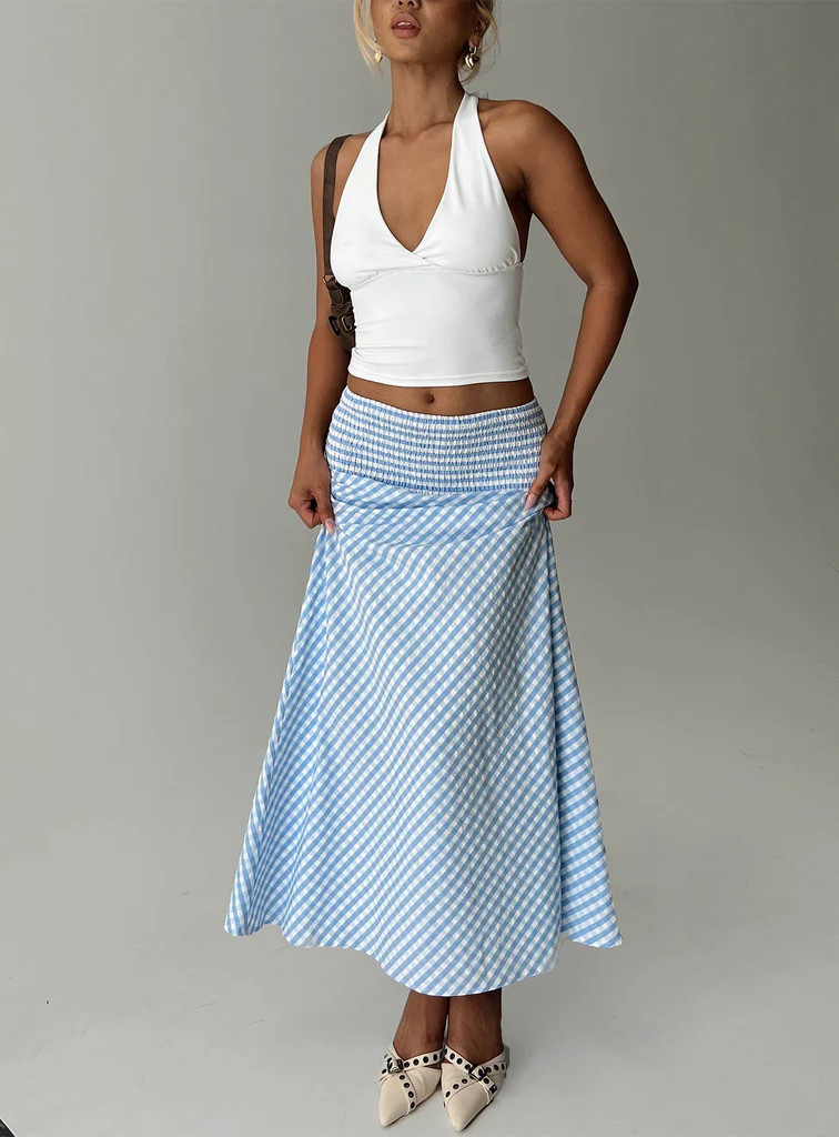 Every Girl Shirred Maxi Skirt Blue Check | Princess Polly US