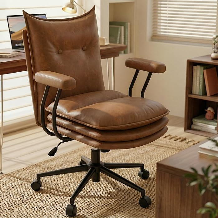 Sucrever Brown Office Chair with Triple-Layers Thicken Wide Seat, Mid Back Leather Desk Chair wit... | Amazon (US)