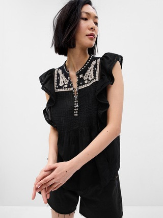 Embroidered Flutter Sleeve Top | Gap (US)