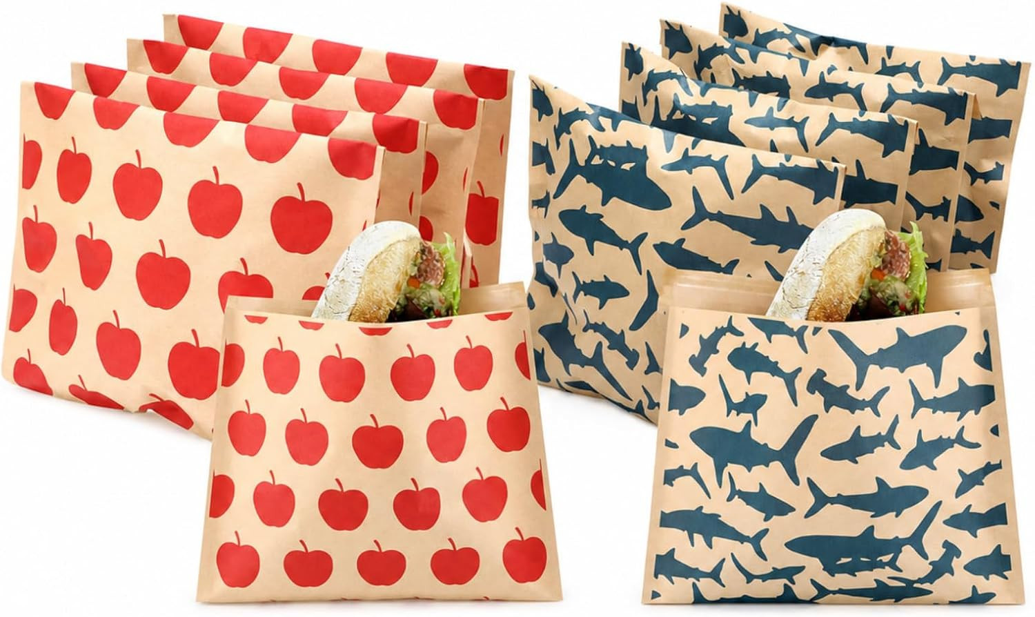 Outus 100 Pcs Sandwich Bags Sealable Paper Lunch Sandwich Paper Storage Snack Bags Burger Wrappers for Candies, Cookies, Goodies, Chocolates, Desserts (Apples and Sharks) | Amazon (US)