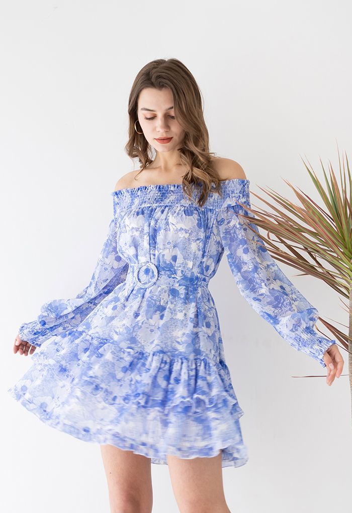 Off-Shoulder Floral Chiffon Mini Dress in Blue | Chicwish