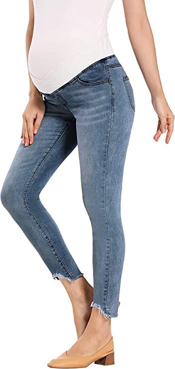 Foucome Women's Maternity Jeans Underbelly Skinny Jeggings Cute Distressed Jeans Comfy Stretch Pa... | Amazon (US)