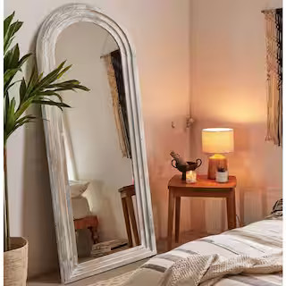 Dovelina 31 in. W x 71 in. H Oversized Arched Wooden Weathered White Framed Floor Mirror Standing... | The Home Depot
