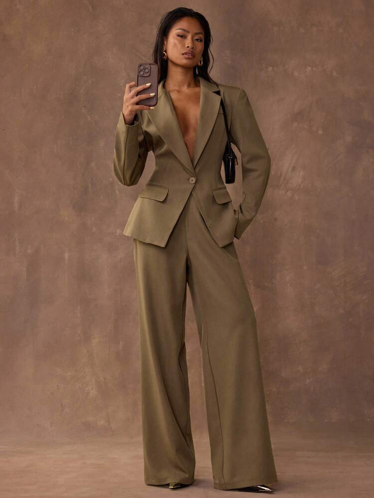 SHEIN BAE Fall/Winter 1 Set: A Stylish Solid-Color Deep V-Neck Single-Button Tailored Blazer Paired With Straight-Leg Trousers. Women's Suit Set, Women's Suit, Olive Green. Fashionable Commuting Set, Office Attire. | SHEIN