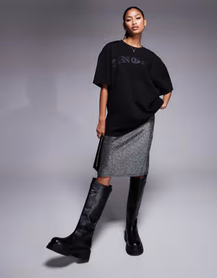 Liquor N Poker 2 in 1 t-shirt dress with rhinestone midi skirt in charcoal | ASOS | ASOS (Global)