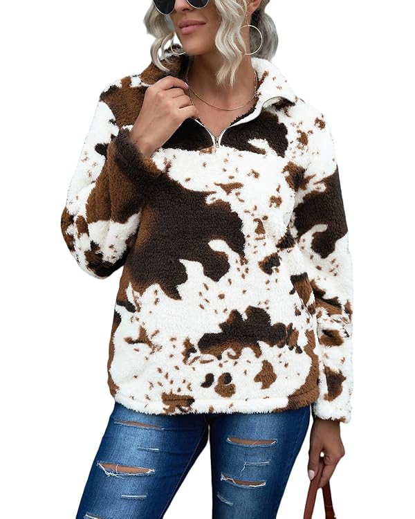 EARKOHA Womens Plus Size Long Sleeve Casual Zip Collar Cow Print Fleece Jacket Tops | Amazon (US)