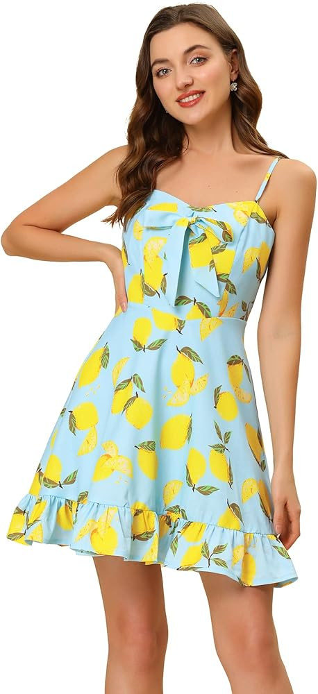 Allegra K Women's Ruffle Bow Knot Mini Sundress Lemon Spaghetti Strap Dress | Amazon (US)