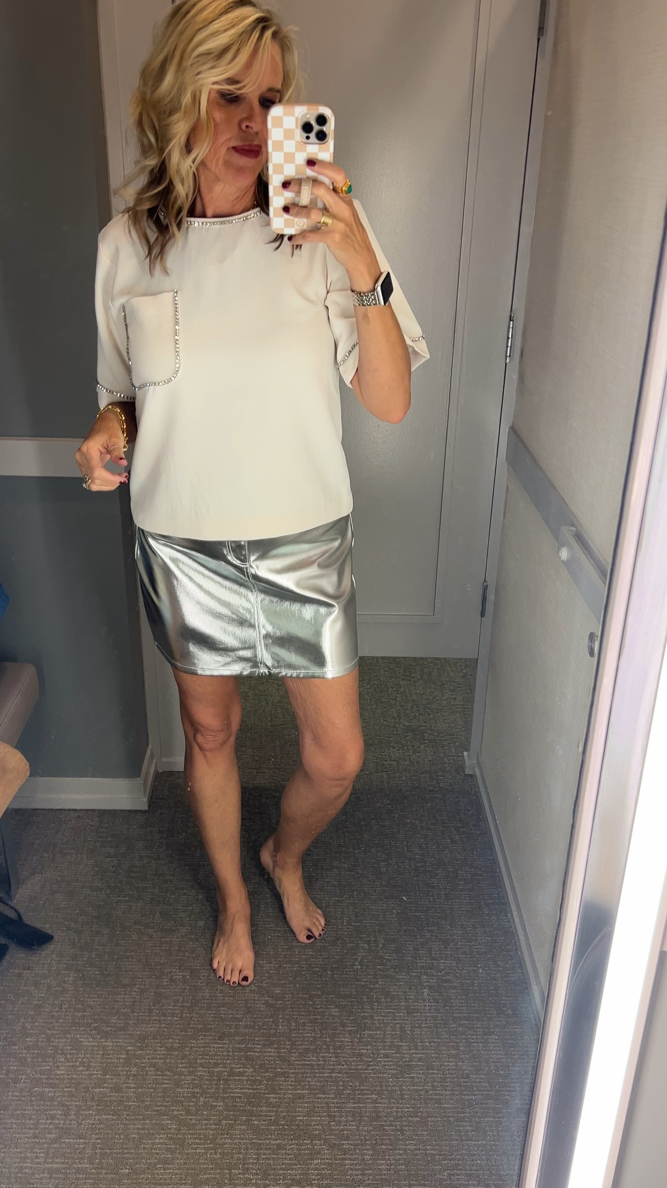 Loft try on 
& 40% off sale!

Pretty white blouse with rhinestone trim pockets and crew neck  in small tts

Metallic skirt I am in the size 4. Tts 

#LTKSaleAlert #LTKHoliday #LTKStyleTip