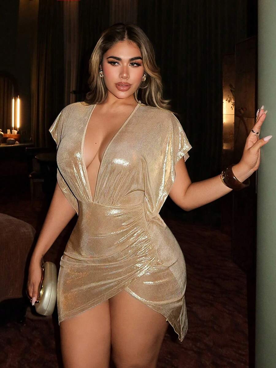 NU&NOW Sexy Deep V-Neck Slim Fit Knit Gold Foil Evening Dress Plus Size Women | SHEIN