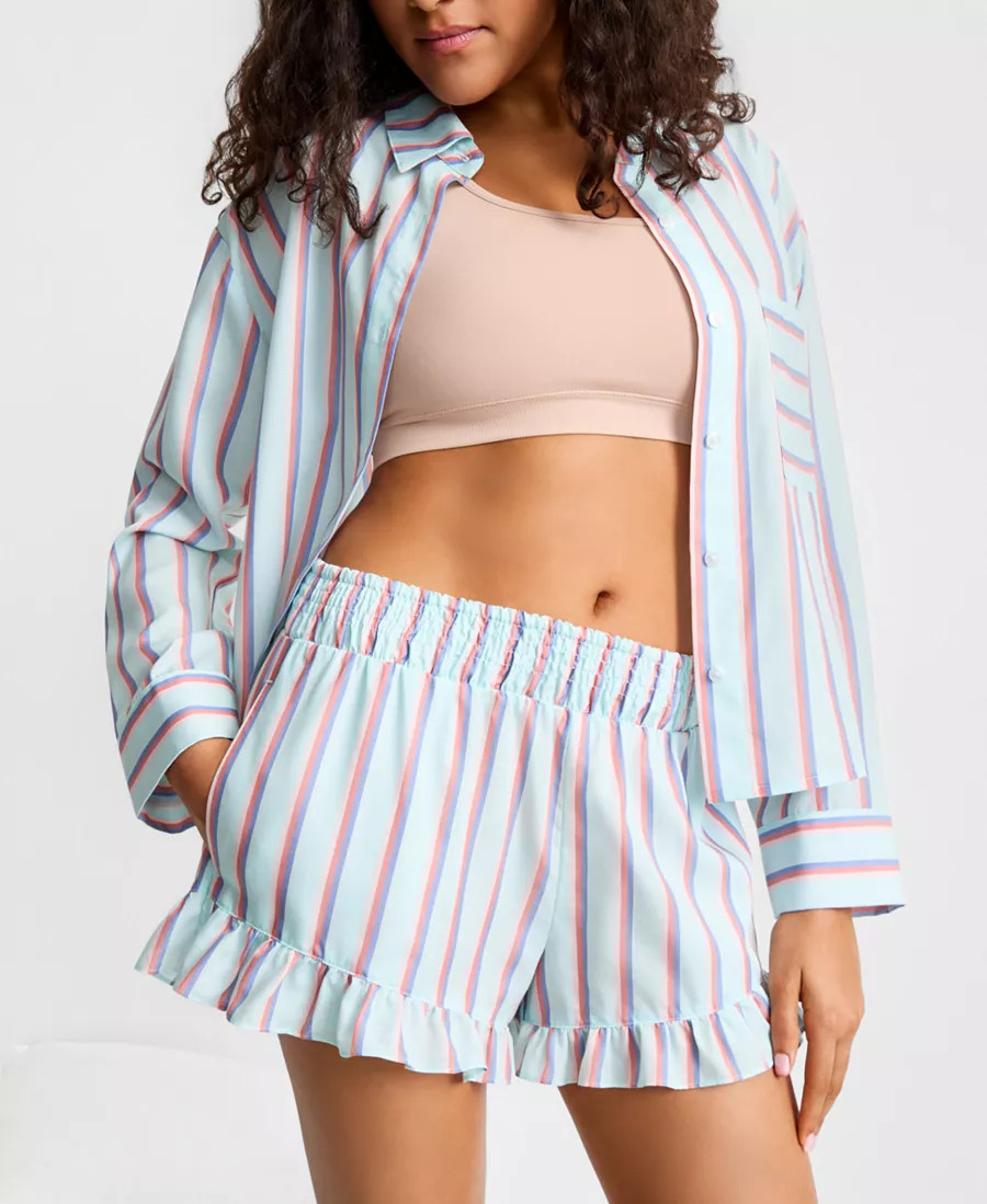 Women's Woven Top & Ruffle Shorts Pajamas, 2-Piece Set | Macy's