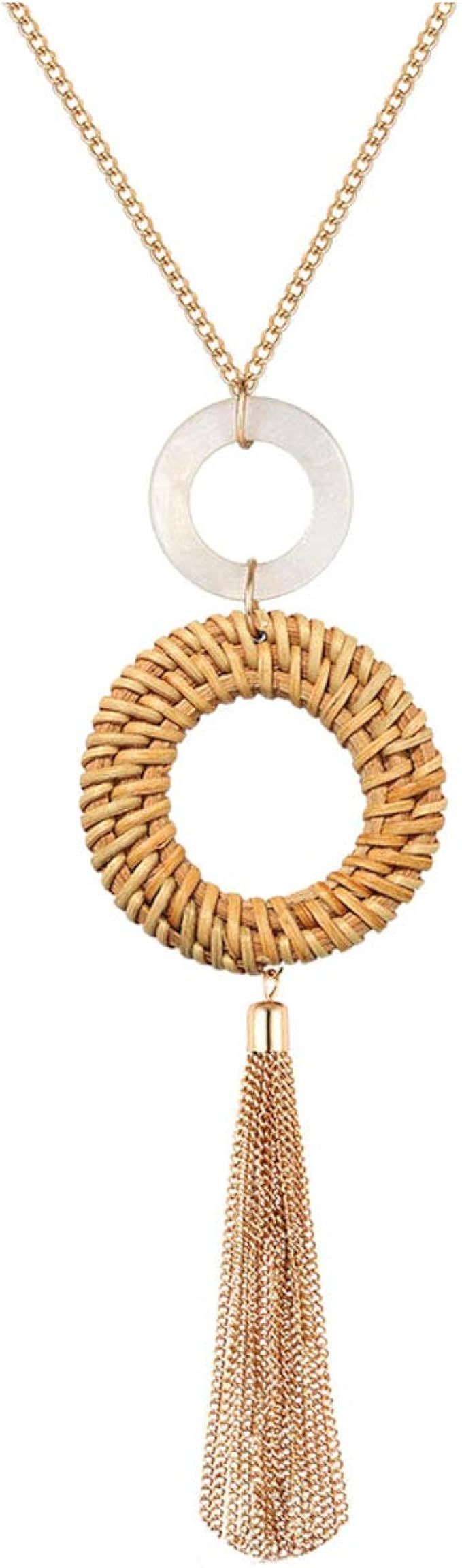 Urwomin Tassel Pendant Necklace Handmade Straw Wicker Braid Statement Pendant Y-Shaped Long Chain... | Amazon (US)