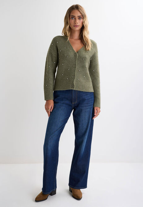 Womens Khaki Diamonte Embellished V-Neck Cardigan | Peacocks