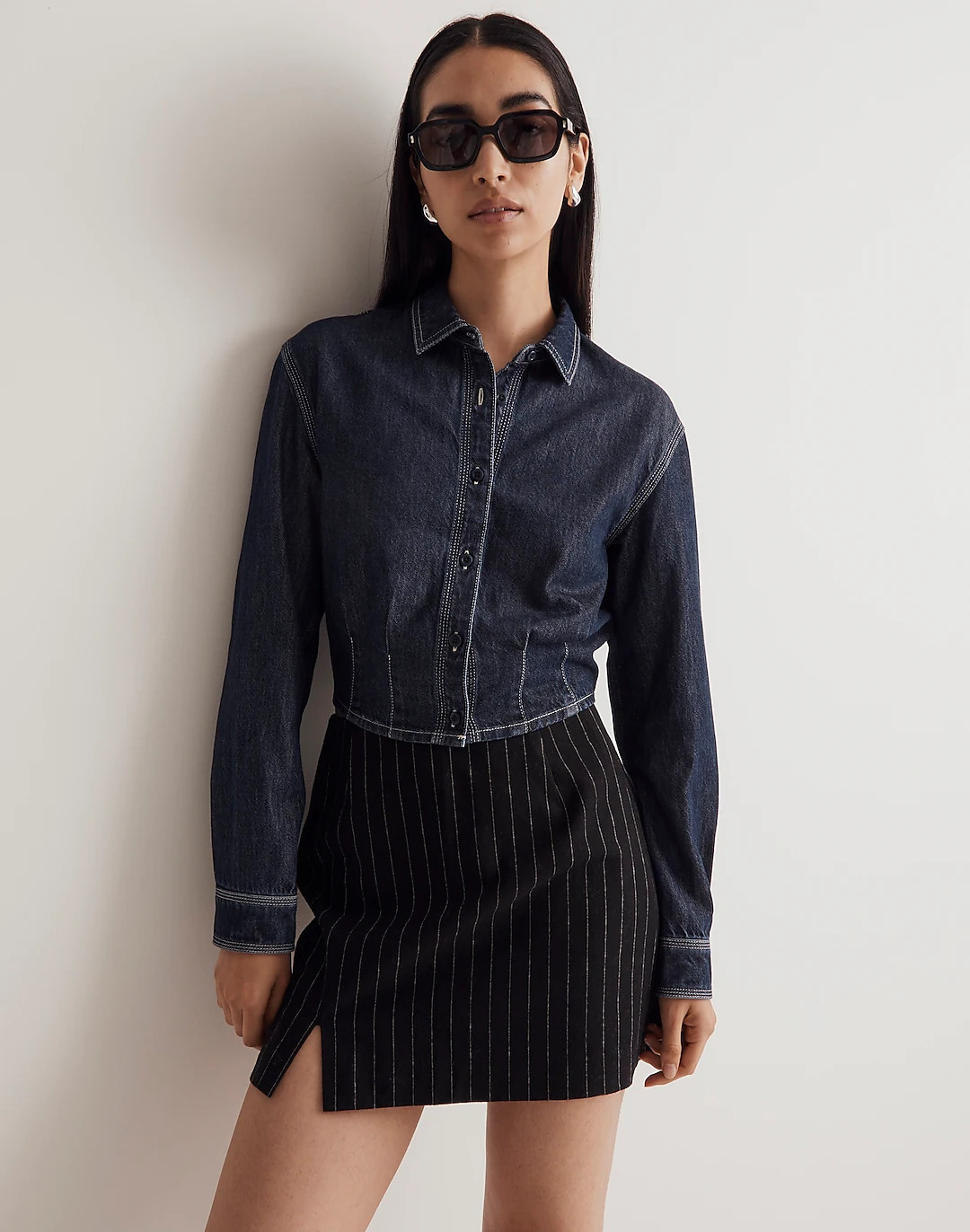Denim Pleated Cropped Button-Up Shirt | Madewell