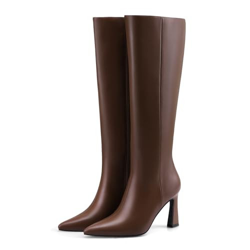 Adrizzlein Brown Knee High Boots Women Pointed Toe Chunky High Heel Long Boots Side Zipper Dress Tall Boots Size 9.5 | Amazon (US)