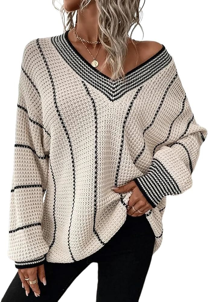 Dokotoo Womens Oversized Striped Tunic Long Sleeve Sweaters Casual V Neck Color Block Knit Pullov... | Amazon (US)