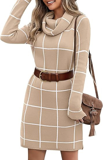 luvamia Women Casual Turtleneck Knitted Sweater Cozy Grid Pullover Sweater Dress | Amazon (US)