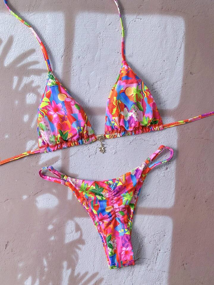 Swim Mod Springbreak Women Ditsy Floral Spaghetti Strap Metallic Decor Ruffle Sexy Bikini Outfits | SHEIN