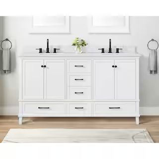 Home Decorators Collection Merryfield 61 in. Double Sink Freestanding White Bath Vanity with Whit... | The Home Depot