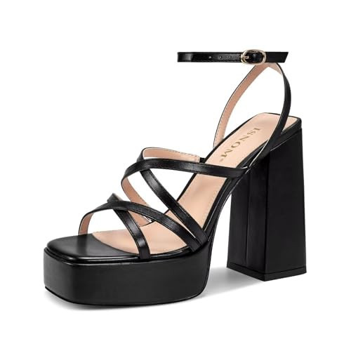 ISNOM Platform Heels for Women, Black Heels for Women Chunky Heel Black Platform Heels Block Heels for Women Platform Strappy Heels Suqare Open Toe Sandals | Amazon (US)