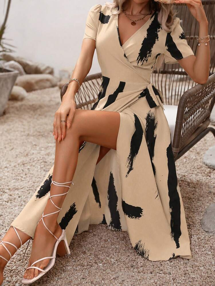 SHEIN LUNE Brush Print Knot Side Wrap Dress | SHEIN