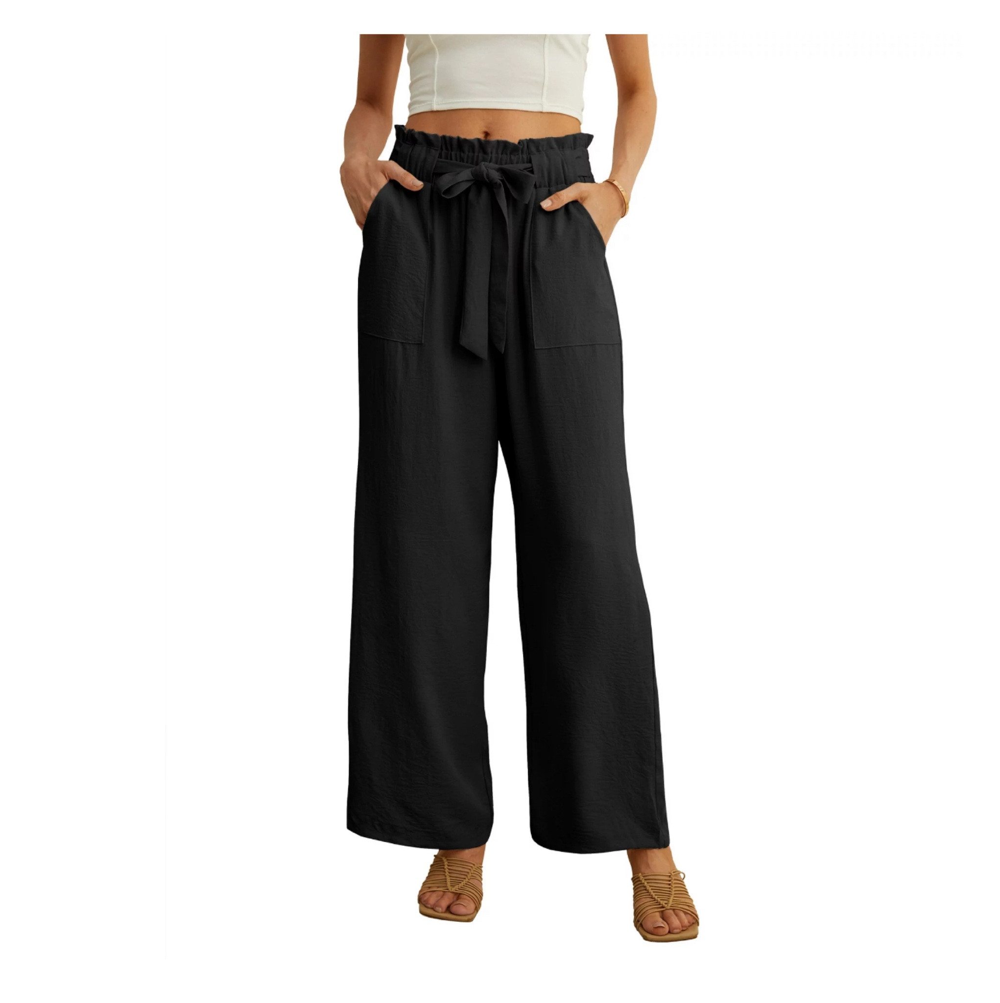 Women's Wide Leg Pants With Pockets High Waist Adjustable Knot Loose Casual Trousers 