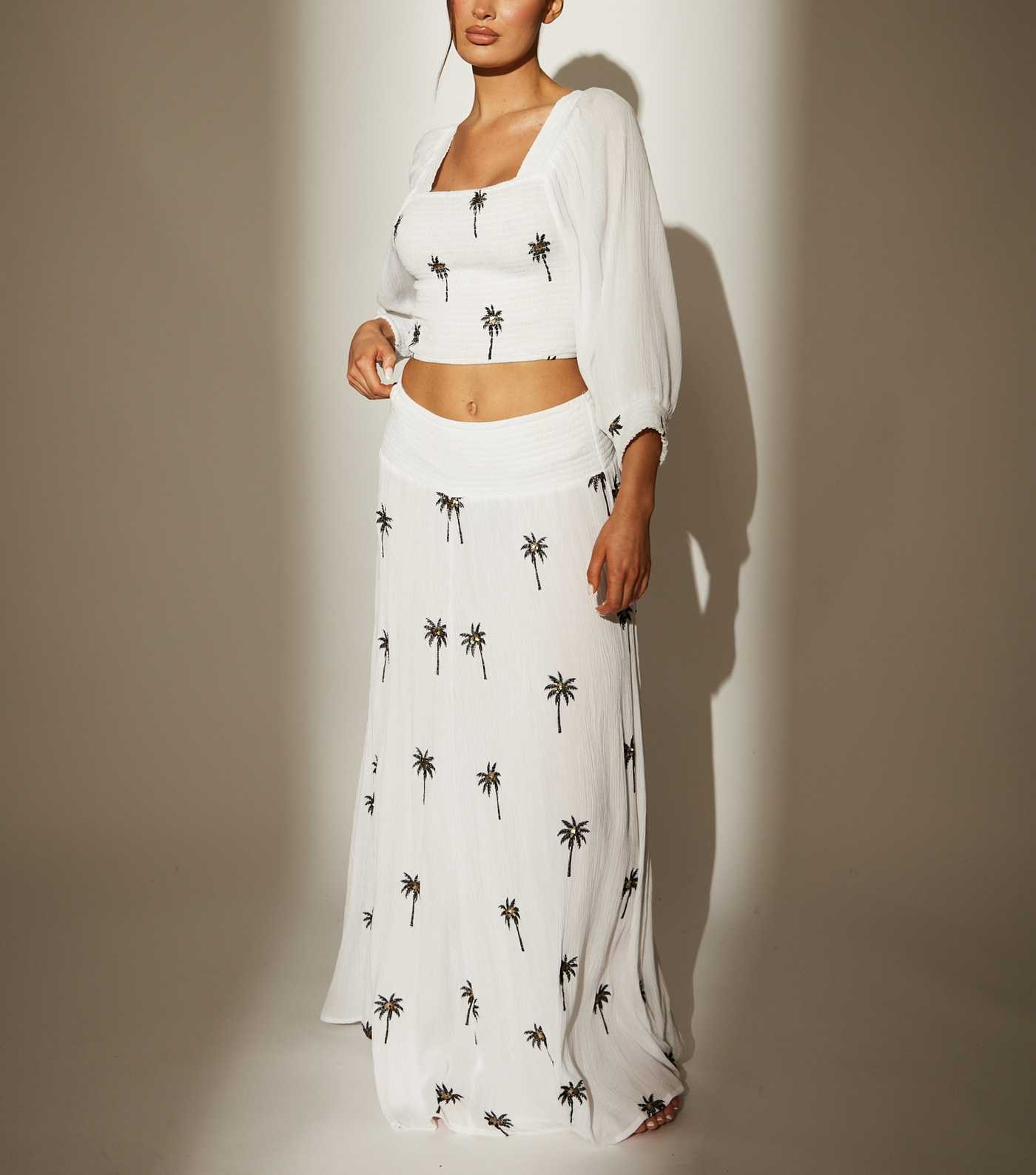 South Beach White Crinkle Texture Palm Embroidered Maxi Skirt | New Look | New Look (UK)