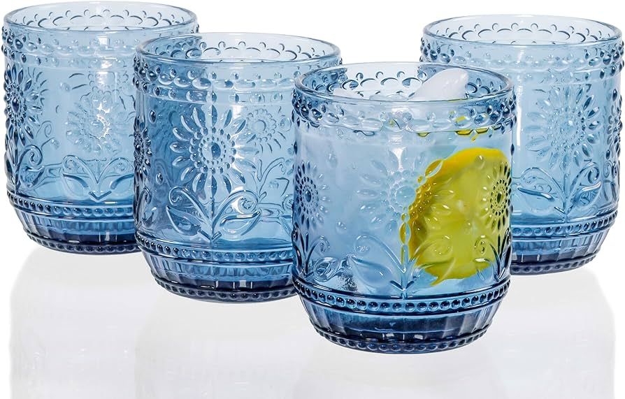 Red Co. Vintage Botanist Drinking Glass Set, Luxurious Floral Embossed Decorative Blue Glassware,... | Amazon (US)