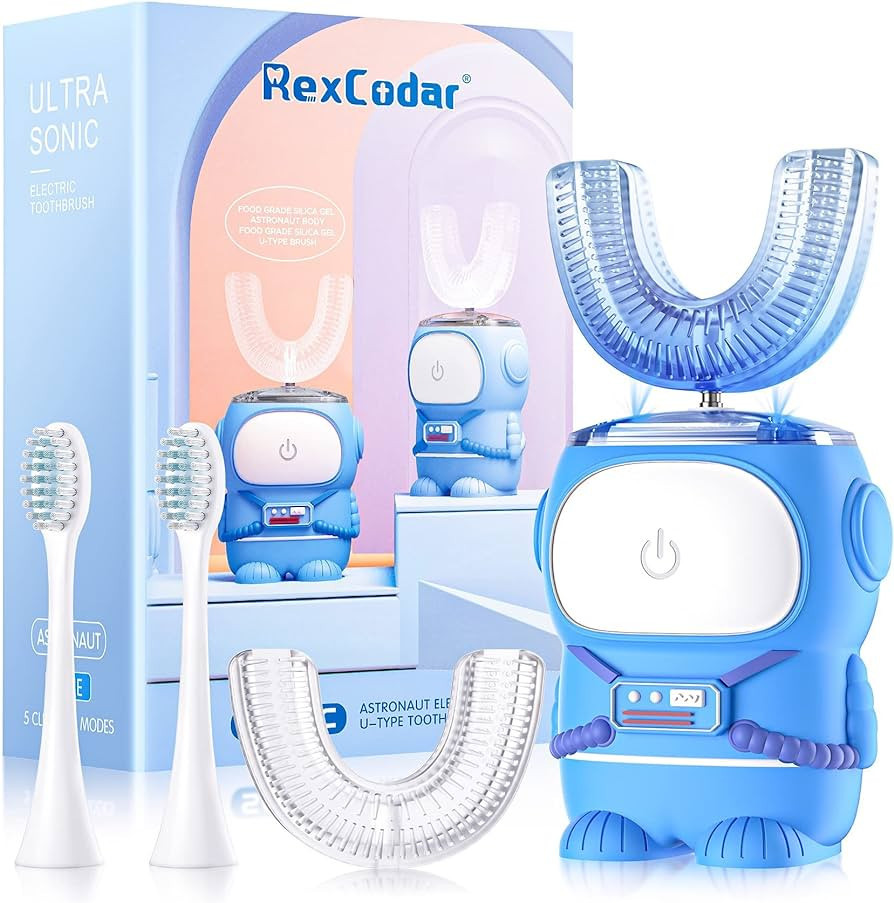 RexCodar Ultrasonic Kid's U-Shaped Electric Toothbrush, IPX7 Waterproof, Five Cleaning Modes, 60S... | Amazon (US)