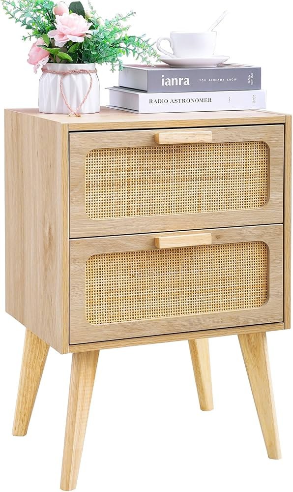 Rattan Nightstand, Wood End Table, Side Table with 2 Hand Made Rattan Decorated Drawers,Boho Beds... | Amazon (US)