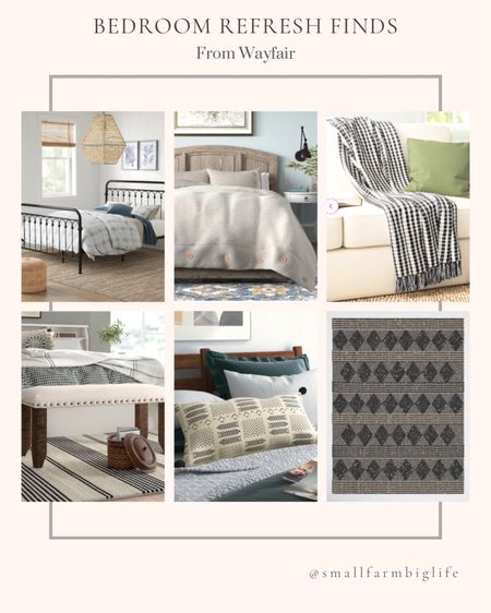 Bedroom refresh finds at Wayfair. Geometric cotton throw pillow. Upholstered bench. Flat weave geometric rug. Cotton blend waffle duvet cover set. Buffalo check handmade throw blanket. Metal slat bed. 

#LTKhome #LTKstyletip