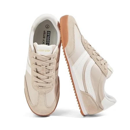LUCKY STEP Retro Sneakers Thin Sole Lace up Lightweight Casual Shoes,Beige,Womens | Walmart (US)