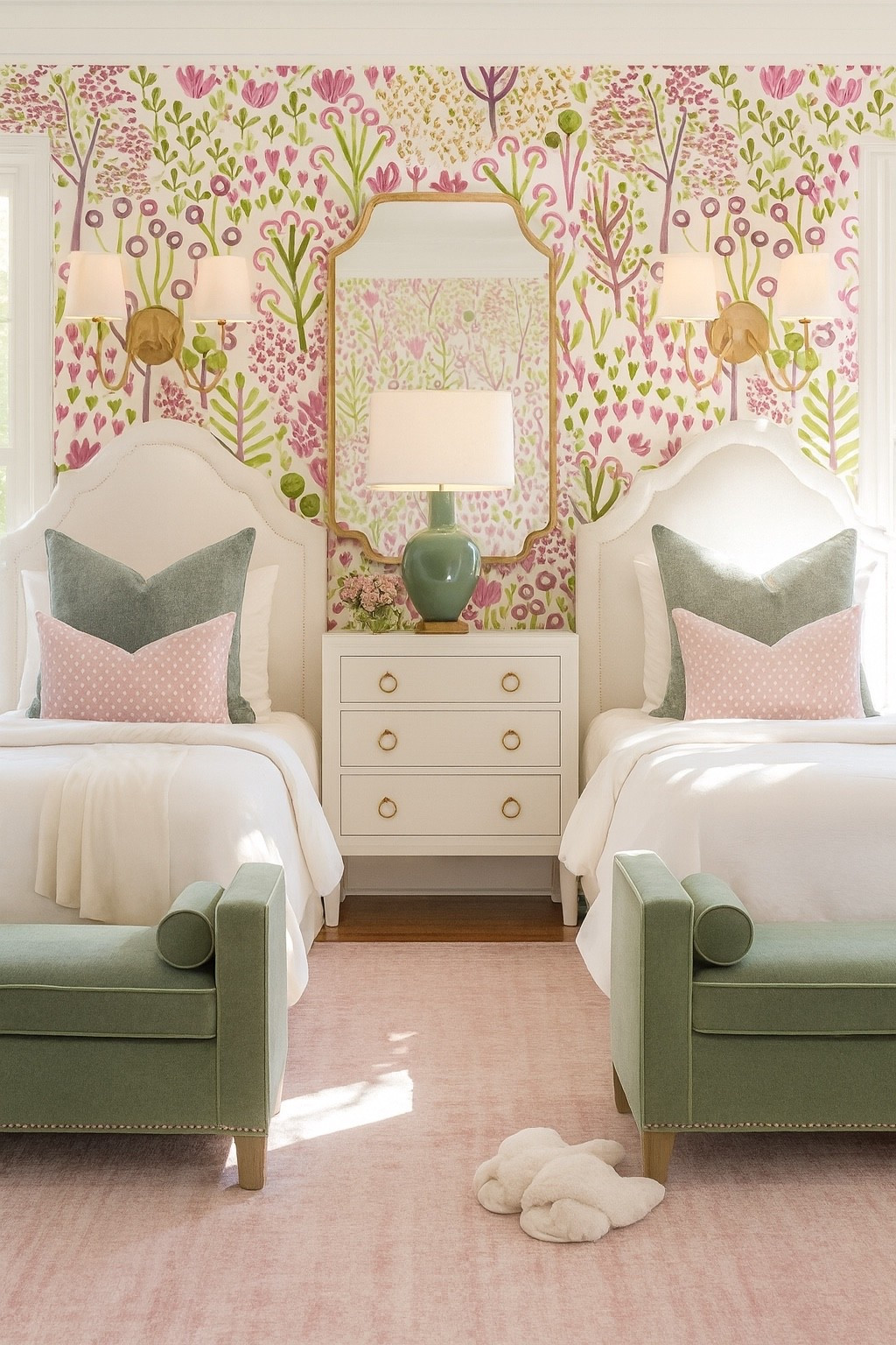 Pink and green with playful wallpaper 

Bed bedroom wallpaper bedroom area rug 

#LTKKids #LTKSaleAlert #LTKHome