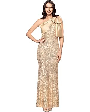Betsy & Adam Women's Sequin One Shoulder Satin Drape Floor Length Dress | Amazon (US)