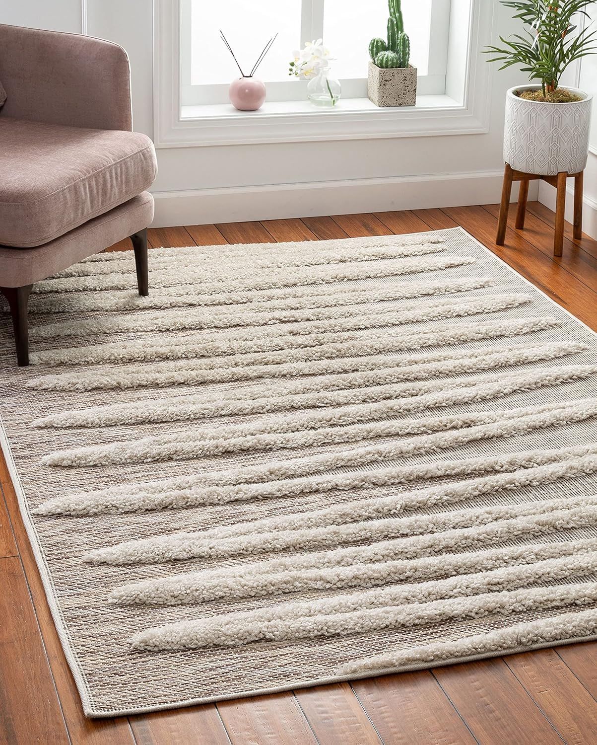 Well Woven Bergen Beige Flat-Weave Hi-Low Pile Geometric Stripes Moroccan Tribal Area Rug 5x7 (5'... | Amazon (US)