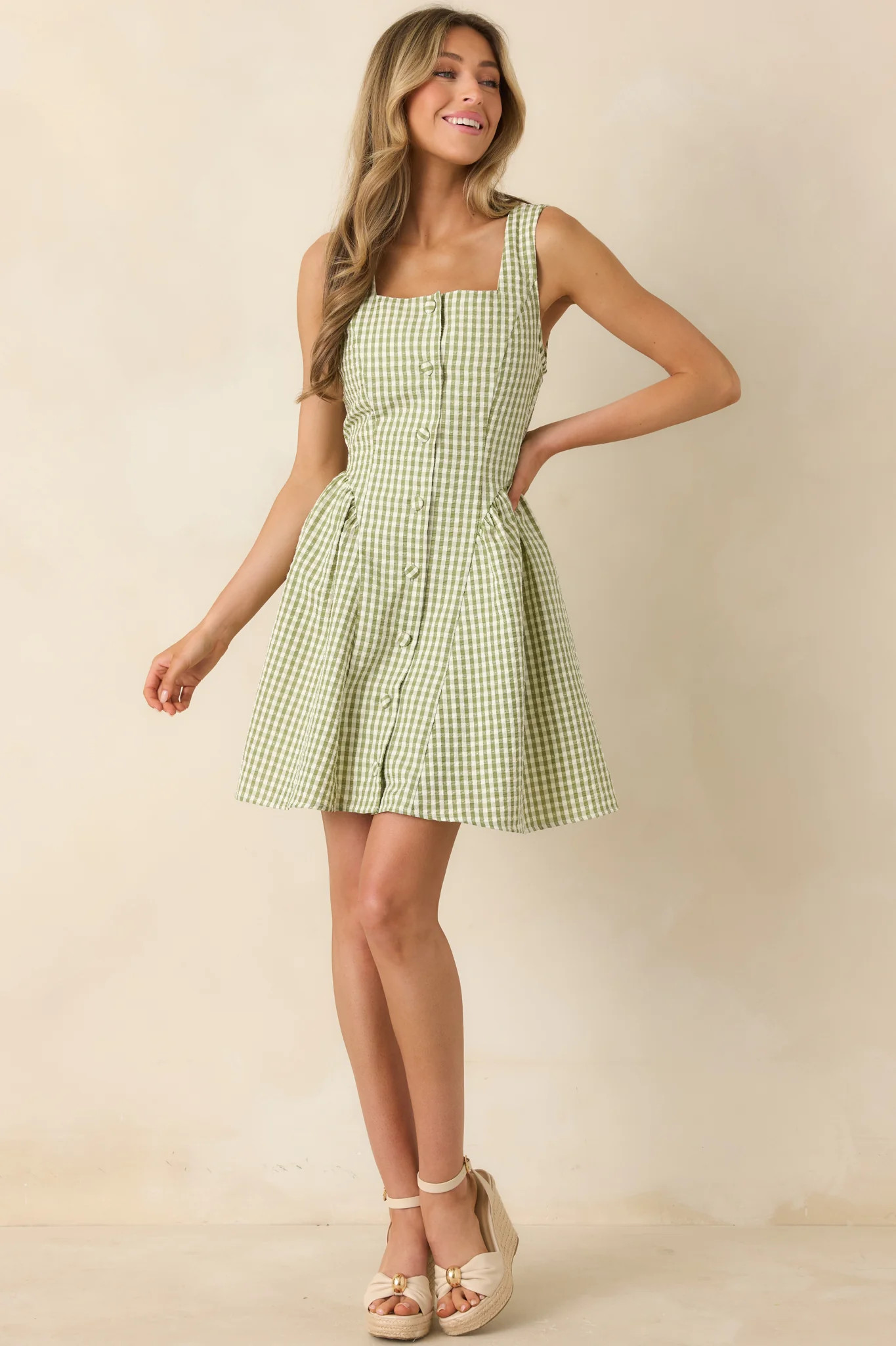 Caught in the Sunshine Green Gingham Sleeveless Mini Dress | Red Dress