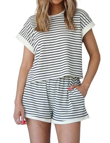 Dsewpaur Women 2 Piece Lounge Set Striped Pattern Knit Tops Shorts Matching Set Summer Causal Tracksuit Outfits | Amazon (US)