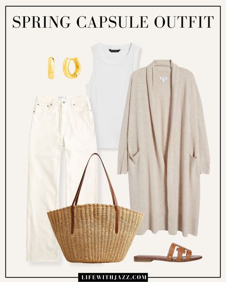 Cream/neutral spring outfit 🤍

Cream, white jeans  / relaxed / wide leg jeans / white tank / neutral long cardigan / straw tote bag / brown sandals / gold earrings / minimal / casual / chic / farmers market 

#LTKSeasonal #LTKstyletip