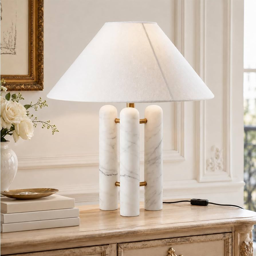 Modern White Marble Table Lamp Fabric Shade 20" Alabaster Table Lamp | Amazon (US)